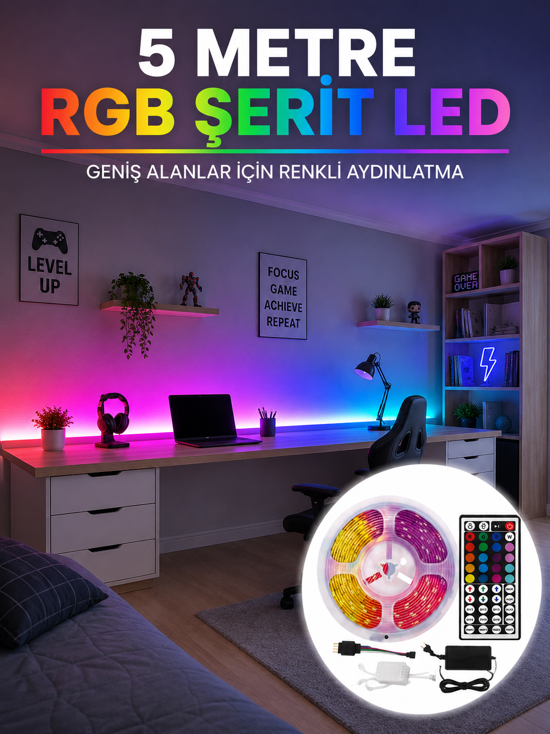 RGB Şerit LED 5 Metre 5050 SMD Kumandalı Çok Renkli Ev Oda TV Arkası Dekoratif Aydınlatma - Lisinya