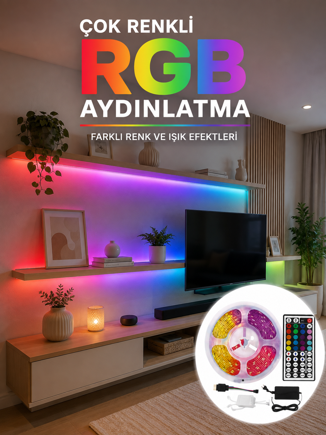 5 Metre Kumandalı RGB LED Şerit 5050 SMD 54 LED/M Renk Değiştiren Ambiyans Aydınlatma - Lisinya