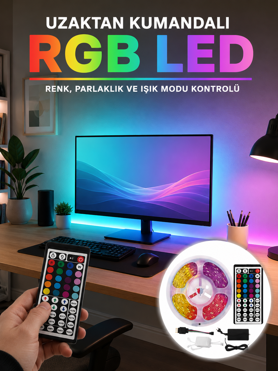 Uzaktan Kumandalı RGB Şerit LED 5 Metre 12V 5050 SMD Çok Renkli Dekoratif Işık Seti - Lisinya