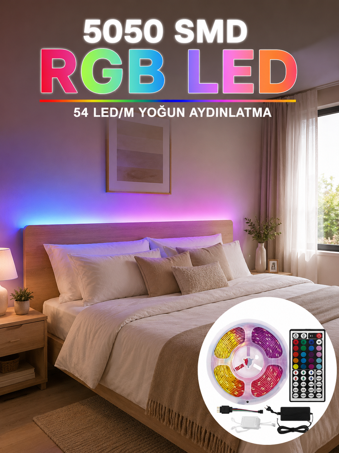 5050 SMD RGB LED Şerit 5 Metre Kumandalı Renkli TV Oda Masa Arkası Dekoratif Aydınlatma Seti - Lisinya