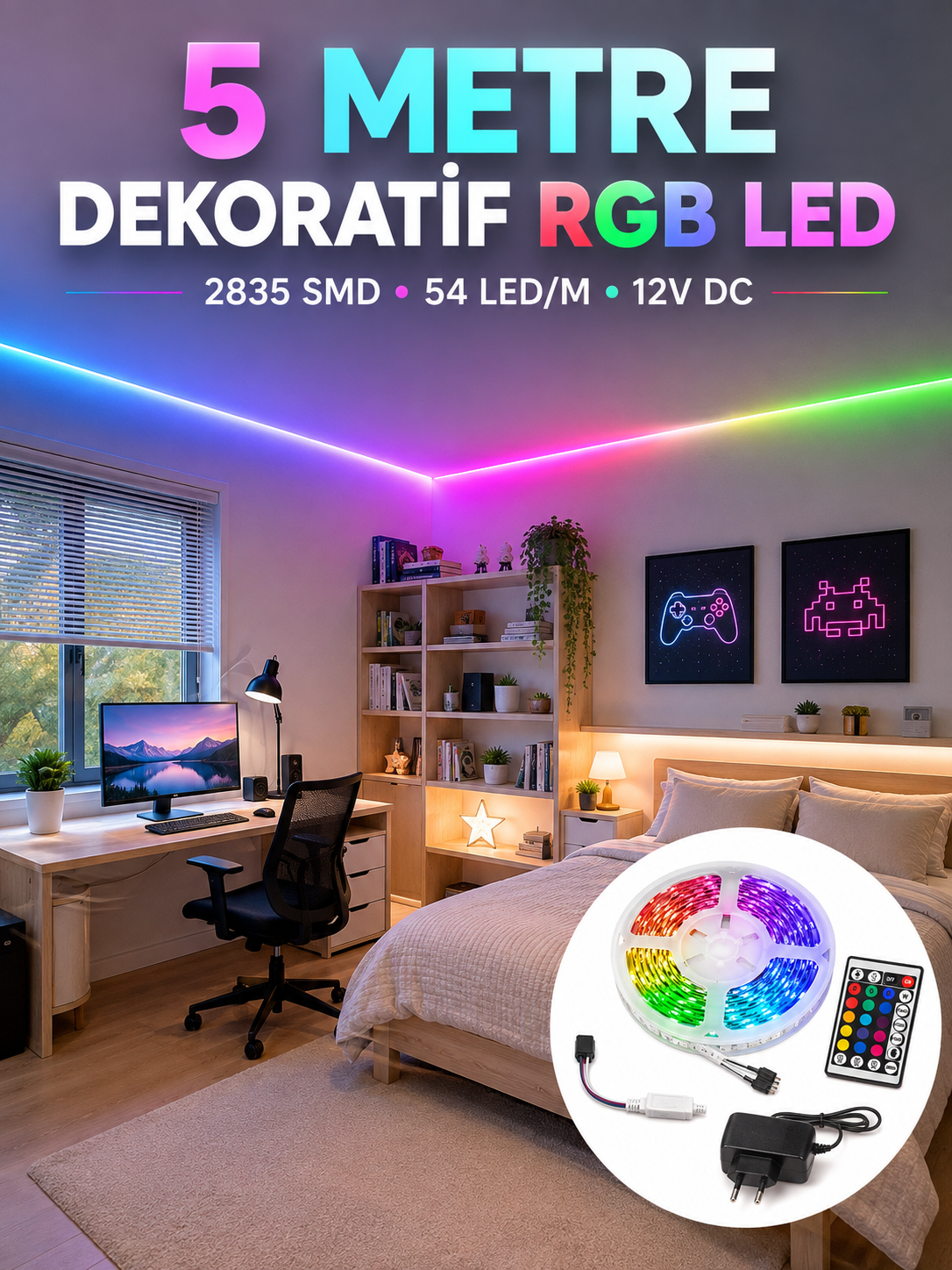 5 Metre RGB Şerit LED 2835 SMD 54 LED/M Uzaktan Kumandalı Dekoratif Aydınlatma - Lisinya 5 Metre RGB Şerit LED 2835 SMD 54 LED/M Uzaktan Kumandalı Dekoratif Aydınlatma - Lisinya