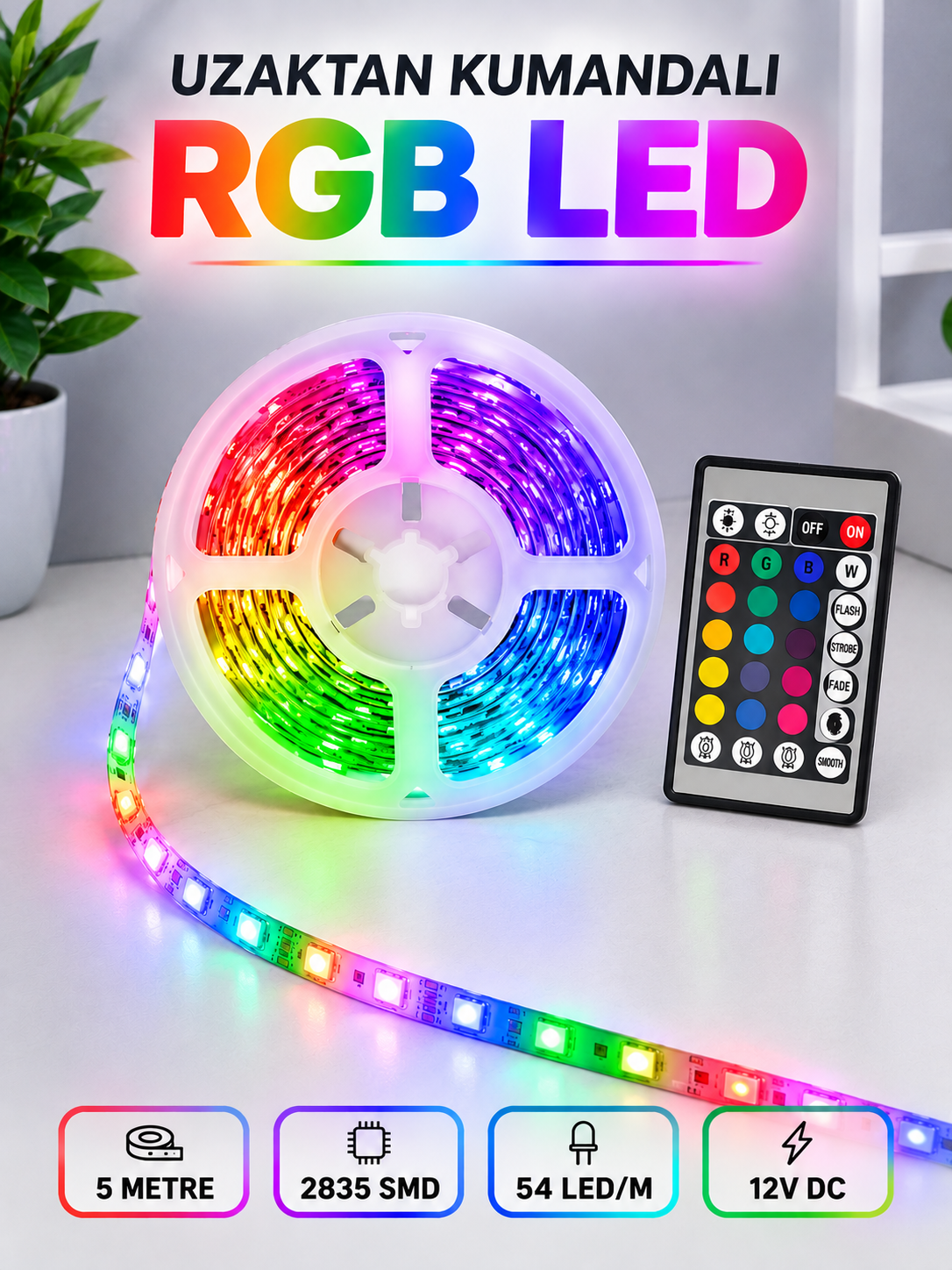 RGB Şerit LED 5 Metre 12V 2835 SMD Kumandalı Renkli Oda ve Ev Aydınlatması - Lisinya RGB Şerit LED 5 Metre 12V 2835 SMD Kumandalı Renkli Oda ve Ev Aydınlatması - Lisinya