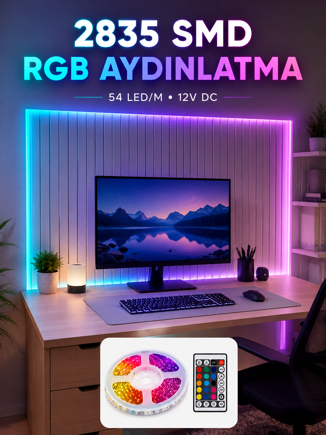 5M RGB Şerit LED Seti 12V 2835 SMD Kumandalı Ev Oda ve Dekoratif Ambiyans Aydınlatma - Lisinya 5M RGB Şerit LED Seti 12V 2835 SMD Kumandalı Ev Oda ve Dekoratif Ambiyans Aydınlatma - Lisinya