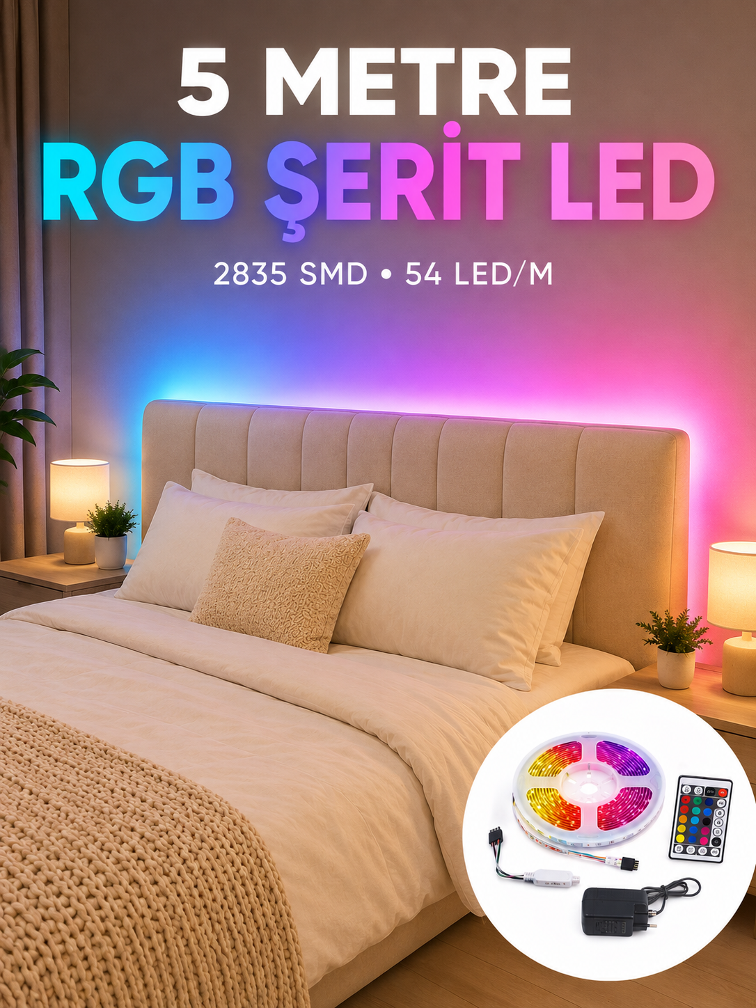 2835 RGB Şerit LED 5 Metre 54 LED/M Uzaktan Kumandalı Renkli Dekorasyon Işığı - Lisinya