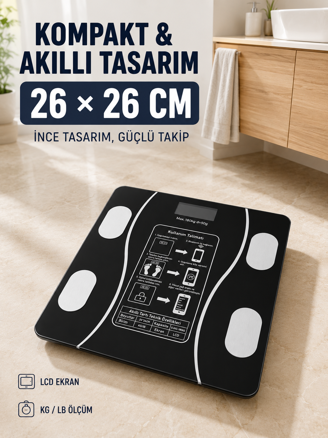 180 Kg Akıllı Cam Tartı Bluetooth Vücut Yağ Kas Su ve BMI Ölçüm Destekli Baskül - Lisinya 180 Kg Akıllı Cam Tartı Bluetooth Vücut Yağ Kas Su ve BMI Ölçüm Destekli Baskül - Lisinya