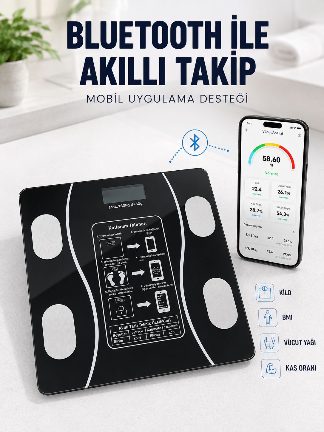 Akıllı Cam Baskül Bluetooth Mobil Uygulamalı Vücut Analiz Tartısı 180 Kg LCD Ekran - Lisinya Akıllı Cam Baskül Bluetooth Mobil Uygulamalı Vücut Analiz Tartısı 180 Kg LCD Ekran - Lisinya