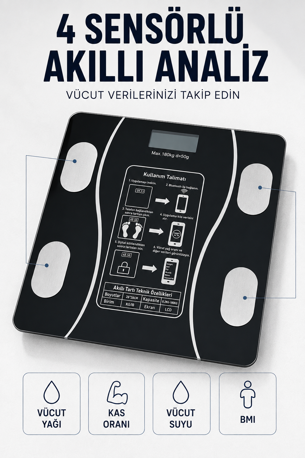 Bluetooth Akıllı Tartı 180 Kg Kapasiteli Vücut Yağ Kas Su BMI Analizli Cam Baskül - Lisinya Bluetooth Akıllı Tartı 180 Kg Kapasiteli Vücut Yağ Kas Su BMI Analizli Cam Baskül - Lisinya