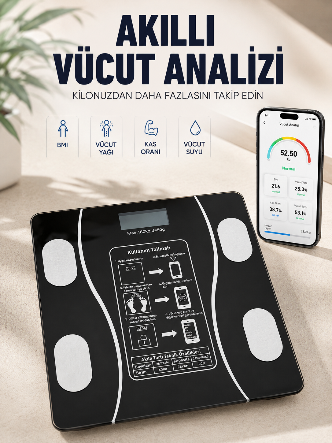 Akıllı Vücut Analiz Baskülü Bluetooth Bağlantılı 4 Sensörlü LCD Ekranlı Dijital Tartı - Lisinya Akıllı Vücut Analiz Baskülü Bluetooth Bağlantılı 4 Sensörlü LCD Ekranlı Dijital Tartı - Lisinya