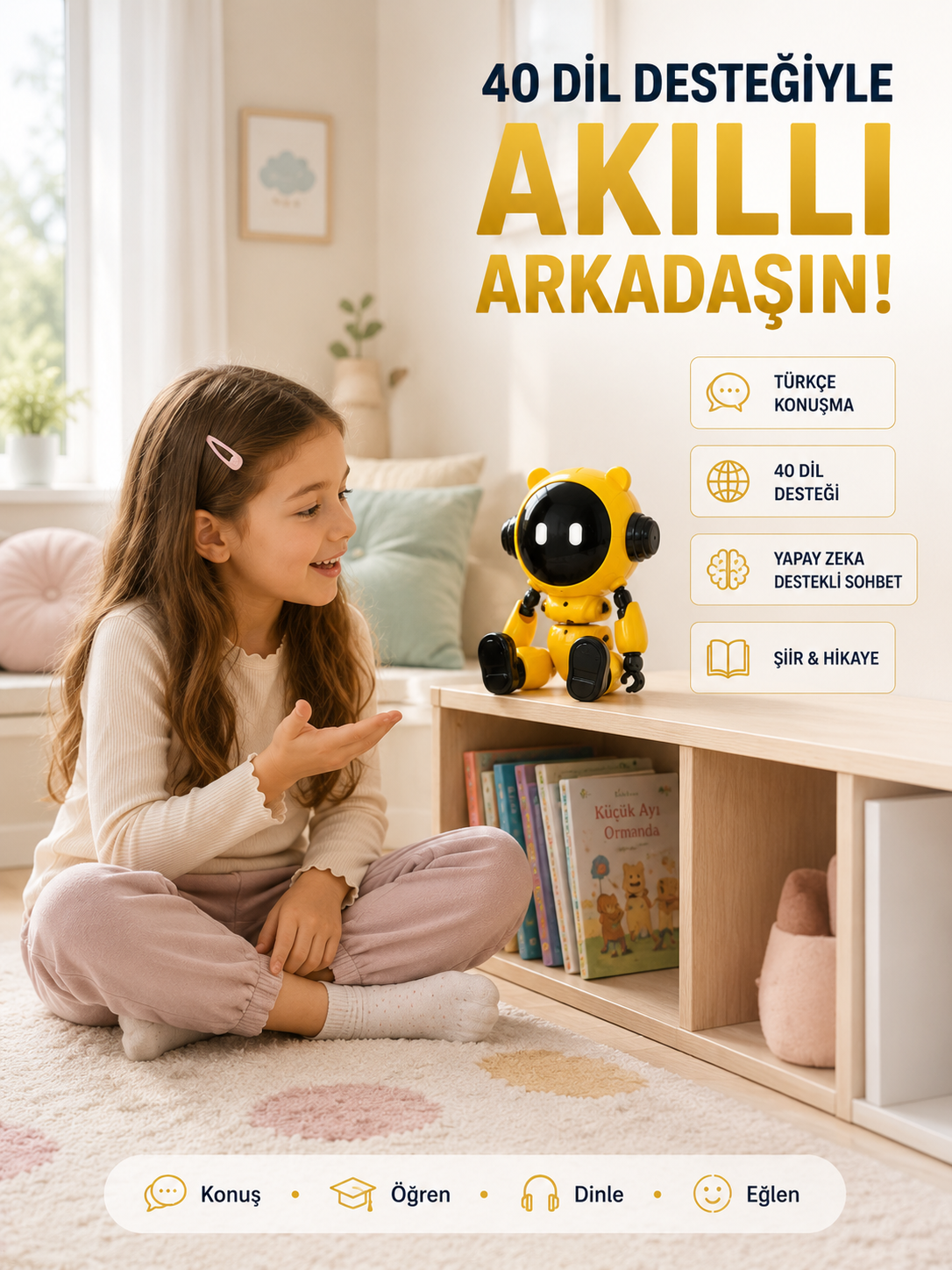 Yapay Zeka Çocuk Robotu Türkçe İngilizce Matematik Fen Ders Desteği Hikaye ve Şiir Özellikli - Lisinya