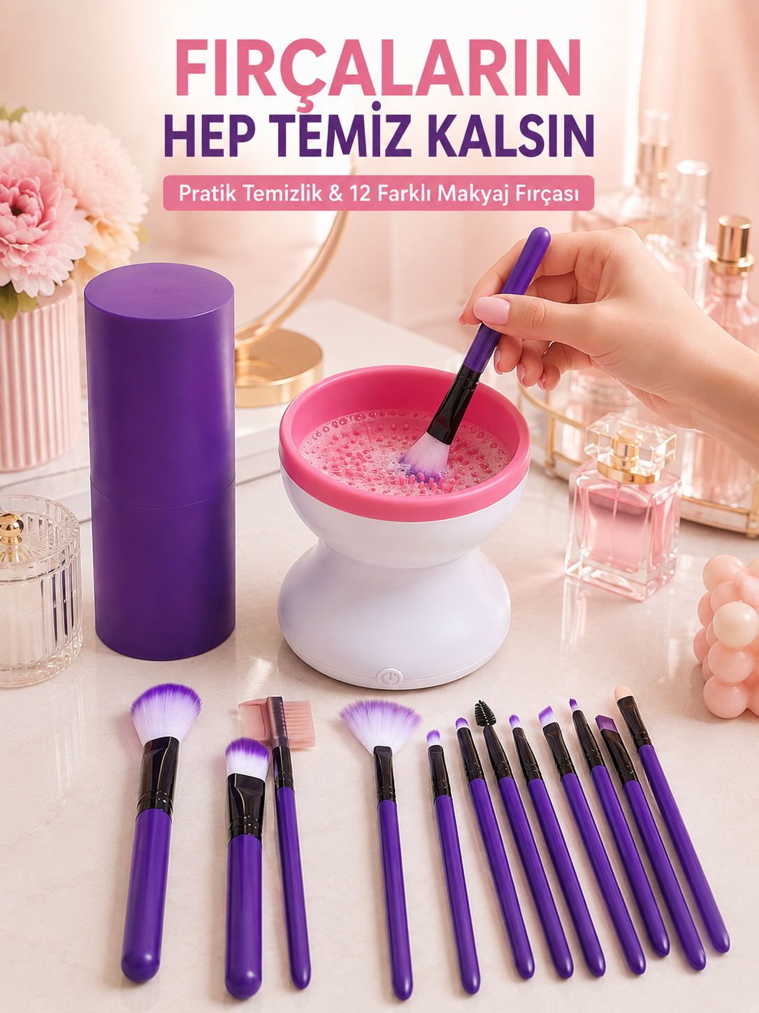 12’li Makyaj Fırça Seti ve Elektrikli Fırça Temizleme Cihazı Avantajlı İkili Makyaj Bakım Seti - Lisinya