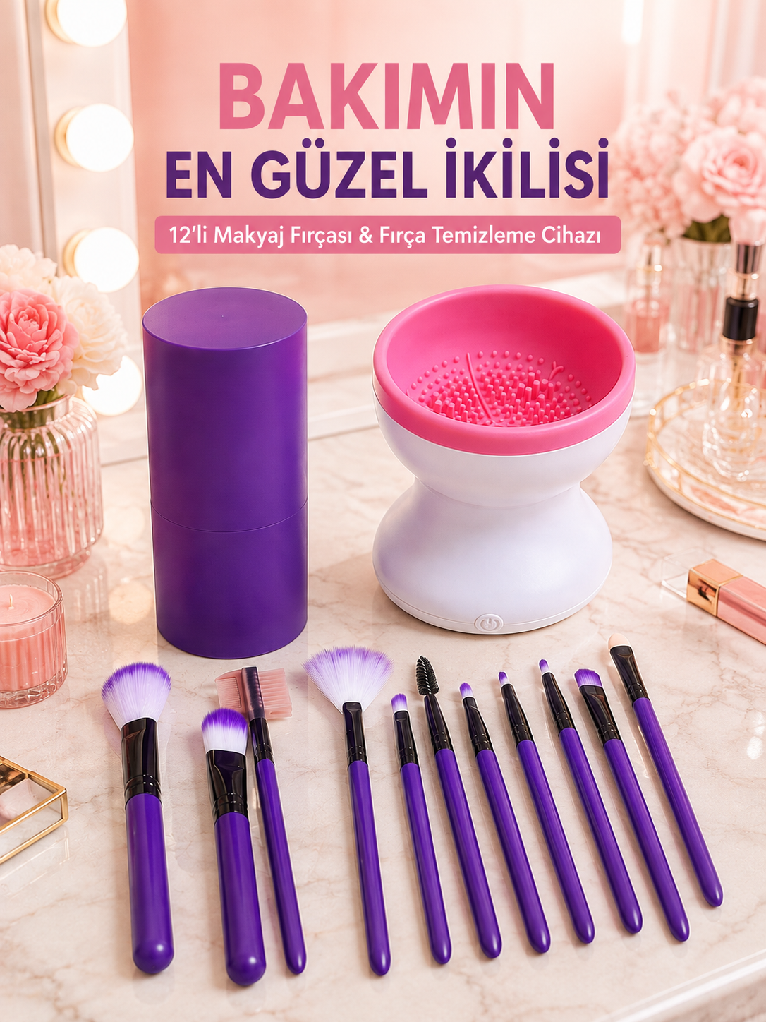 Avantajlı İkili Set 12’li Mor Makyaj Fırçası ve Elektrikli Makyaj Fırçası Yıkama Temizleme Cihazı - Lisinya