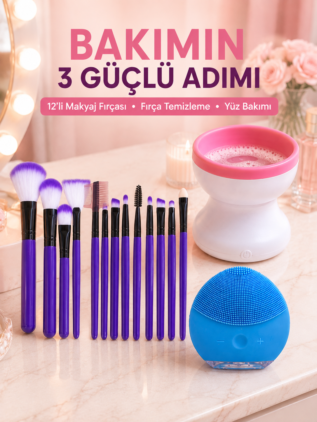 3’lü Güzellik ve Kişisel Bakım Seti 12’li Makyaj Fırçası Fırça Temizleme Cihazı ve Yüz Temizleme Cihazı - Lisinya