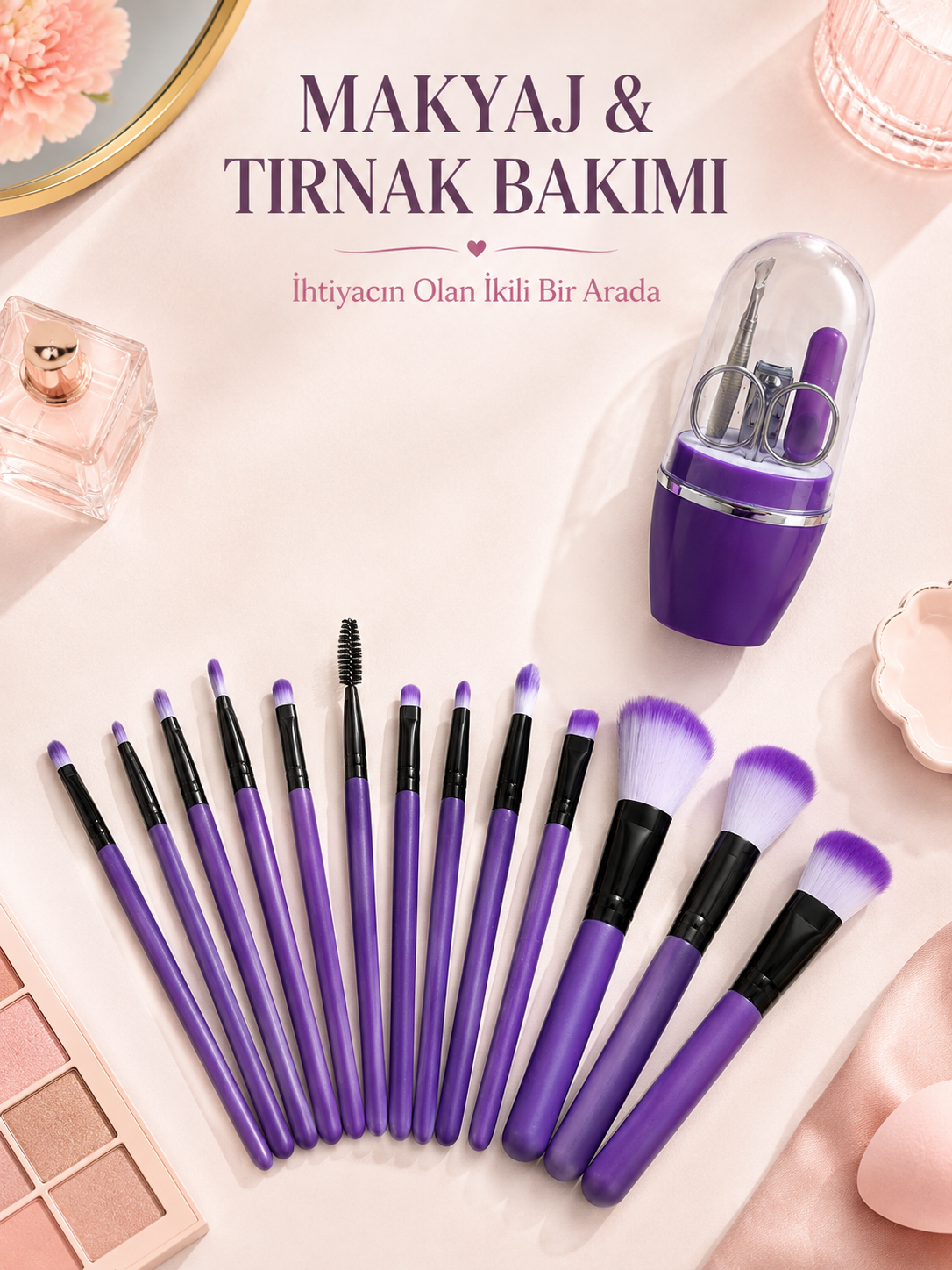 Makyaj ve Tırnak Bakım Seti 12’li Mor Makyaj Fırçaları Manikür Pedikür Seti Günlük Kişisel Bakım Paketi - Lisinya