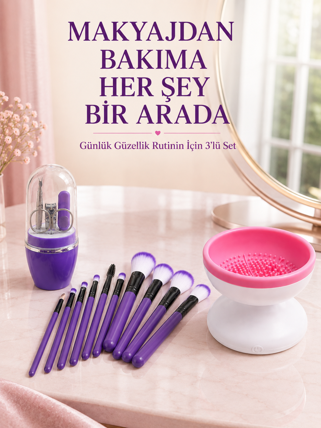 3’lü Güzellik ve Bakım Seti 12’li Mor Makyaj Fırçası Fırça Temizleme Cihazı ve Manikür Pedikür Tırnak Bakım Seti - Lisinya