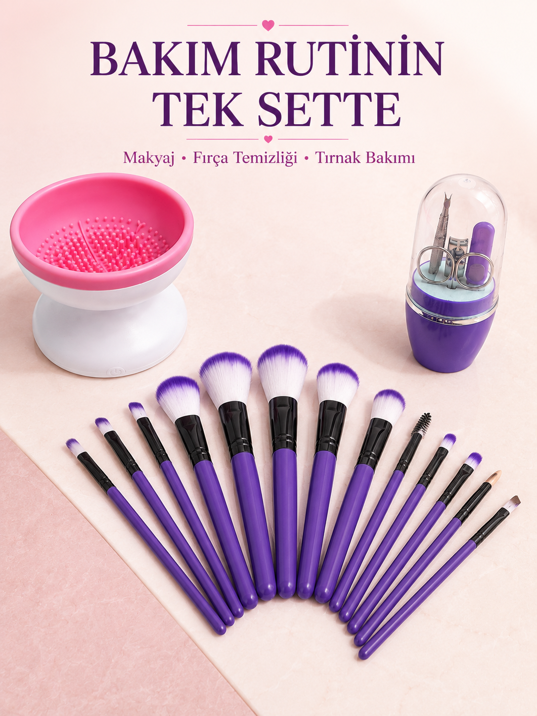 12’li Makyaj Fırça Seti Fırça Temizleme Cihazı ve Manikür Pedikür Seti 3’lü Kadın Güzellik Bakım Paketi - Lisinya 12’li Makyaj Fırça Seti Fırça Temizleme Cihazı ve Manikür Pedikür Seti 3’lü Kadın Güzellik Bakım Paketi - Lisinya