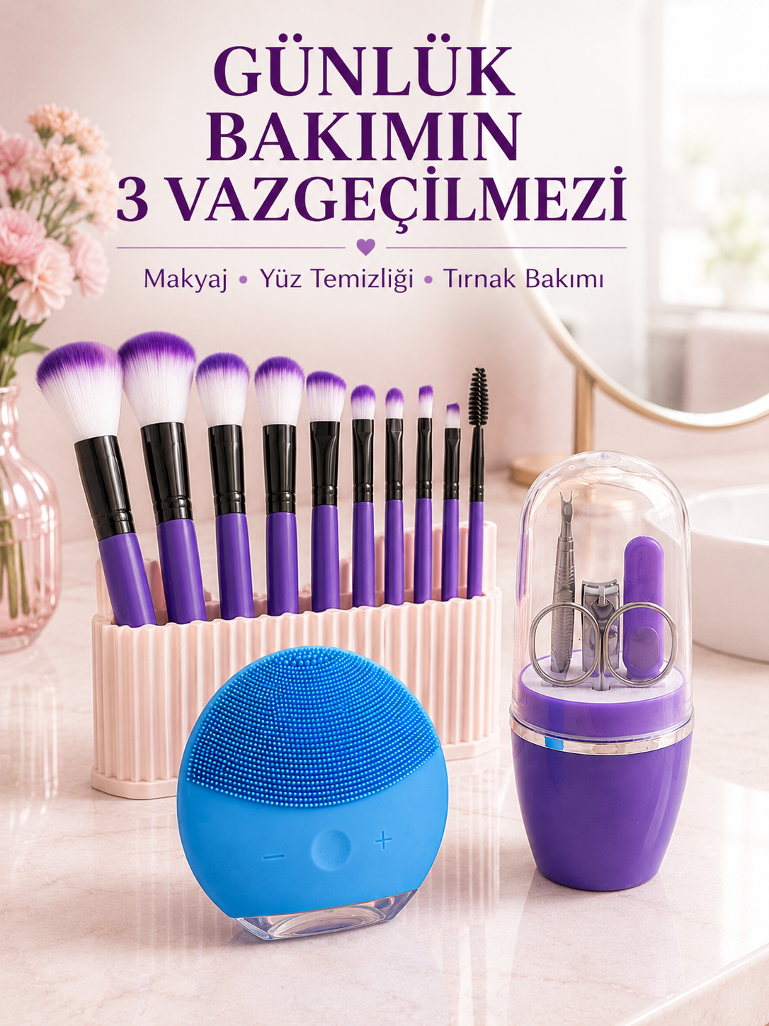 3’lü Güzellik ve Bakım Seti 12’li Mor Makyaj Fırçası Silikon Yüz Temizleme Cihazı ve Manikür Tırnak Bakım Seti - Lisinya