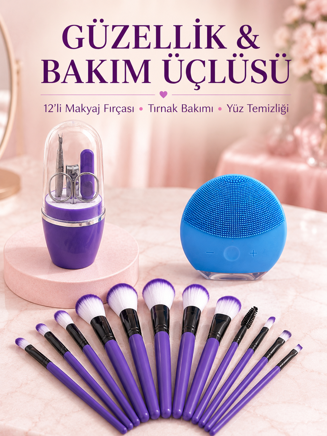 Kadın Makyaj ve Kişisel Bakım Seti 12 Parça Makyaj Fırçası Silikon Yüz Temizleyici Manikür Pedikür Tırnak Seti - Lisinya Kadın Makyaj ve Kişisel Bakım Seti 12 Parça Makyaj Fırçası Silikon Yüz Temizleyici Manikür Pedikür Tırnak Seti - Lisinya