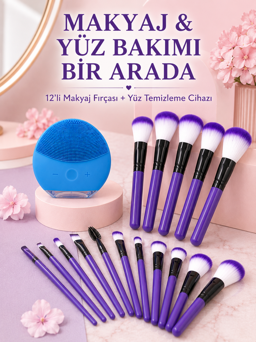 Makyaj ve Yüz Bakım Seti 12’li Mor Makyaj Fırçası Silikon Yüz Temizleme ve Cilt Bakım Cihazı - Lisinya Makyaj ve Yüz Bakım Seti 12’li Mor Makyaj Fırçası Silikon Yüz Temizleme ve Cilt Bakım Cihazı - Lisinya