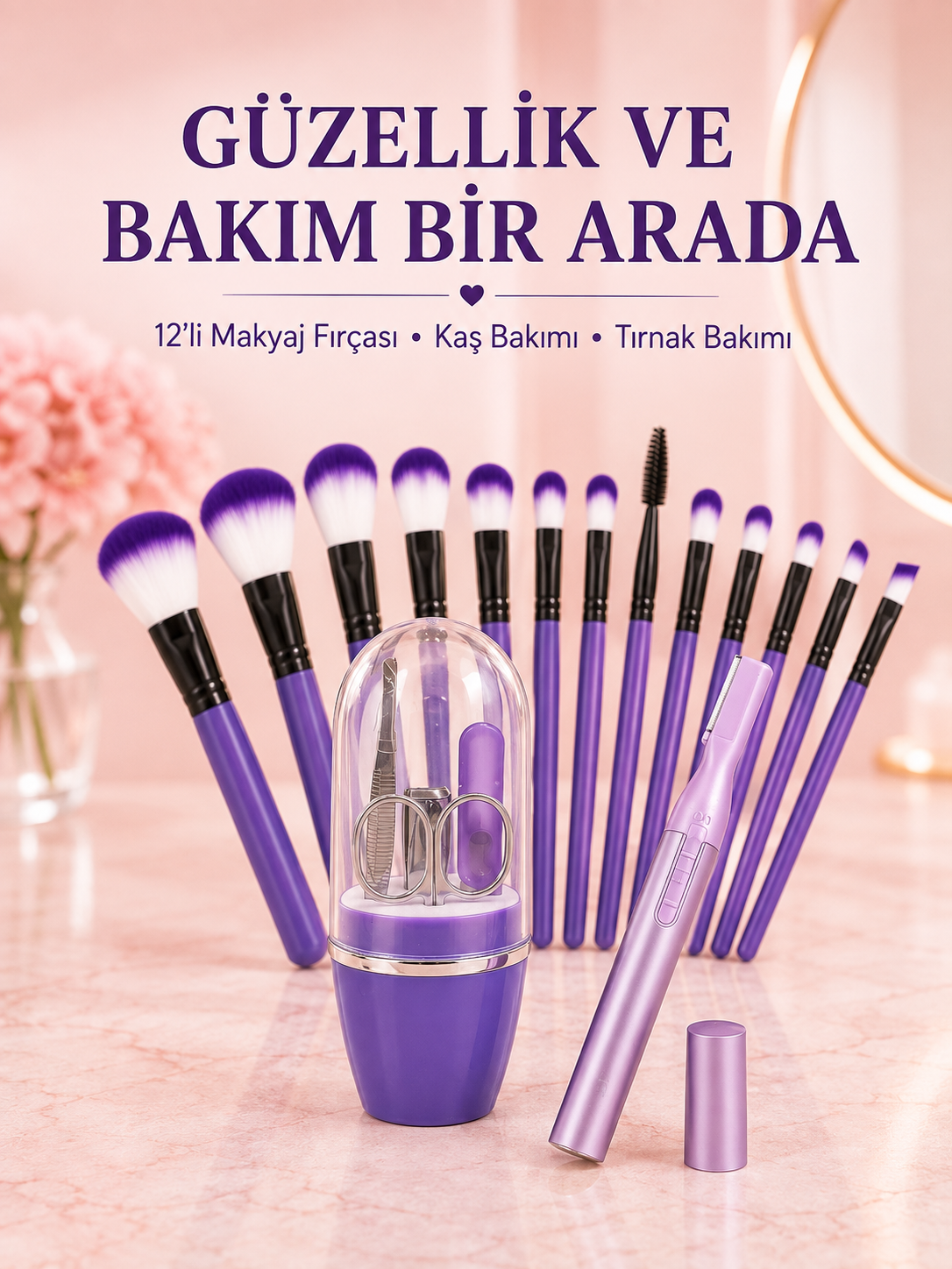 Kadın Makyaj ve Kişisel Bakım Seti 12’li Mor Makyaj Fırçası Kaş Düzeltici ve Manikür Tırnak Bakım Seti - Lisinya Kadın Makyaj ve Kişisel Bakım Seti 12’li Mor Makyaj Fırçası Kaş Düzeltici ve Manikür Tırnak Bakım Seti - Lisinya