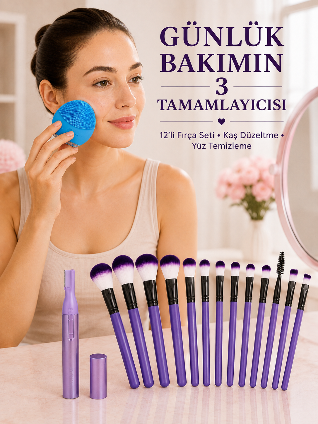 12’li Makyaj Fırça Seti Kaş Düzeltme Cihazı ve Yüz Temizleme Cihazı 3’lü Kadın Güzellik ve Bakım Seti - Lisinya 12’li Makyaj Fırça Seti Kaş Düzeltme Cihazı ve Yüz Temizleme Cihazı 3’lü Kadın Güzellik ve Bakım Seti - Lisinya