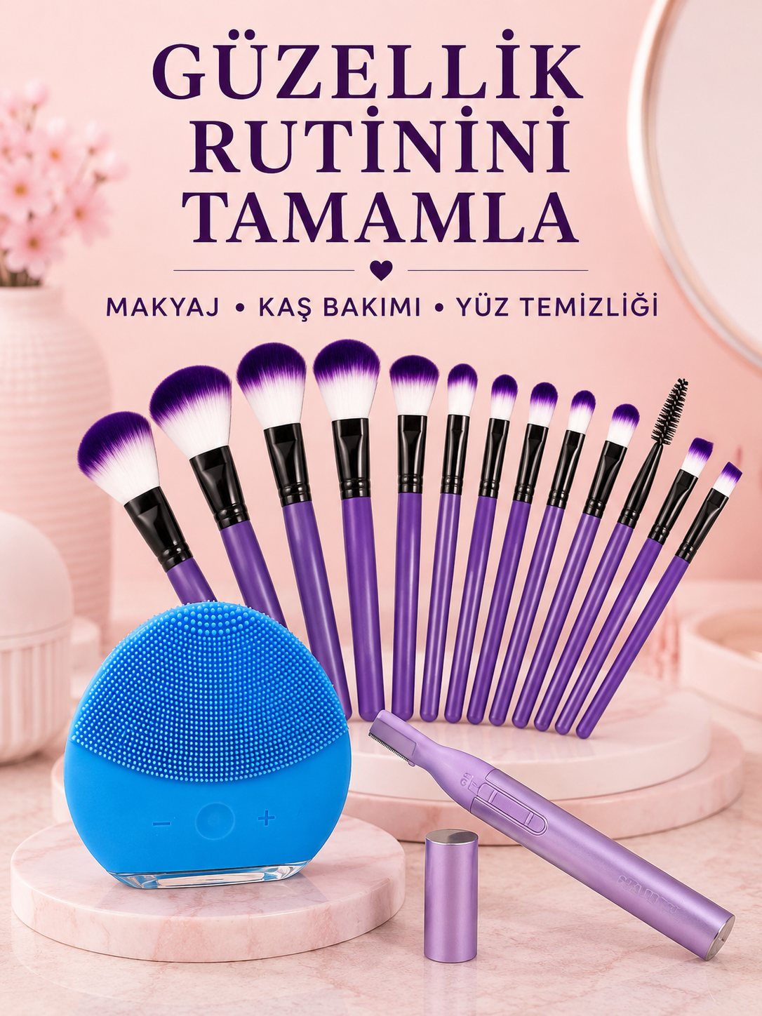 Kadın Güzellik Seti 12’li Mor Makyaj Fırçası Kaş Düzeltici ve Silikon Yüz Temizleme Cihazı Cilt Bakım Seti - Lisinya Kadın Güzellik Seti 12’li Mor Makyaj Fırçası Kaş Düzeltici ve Silikon Yüz Temizleme Cihazı Cilt Bakım Seti - Lisinya