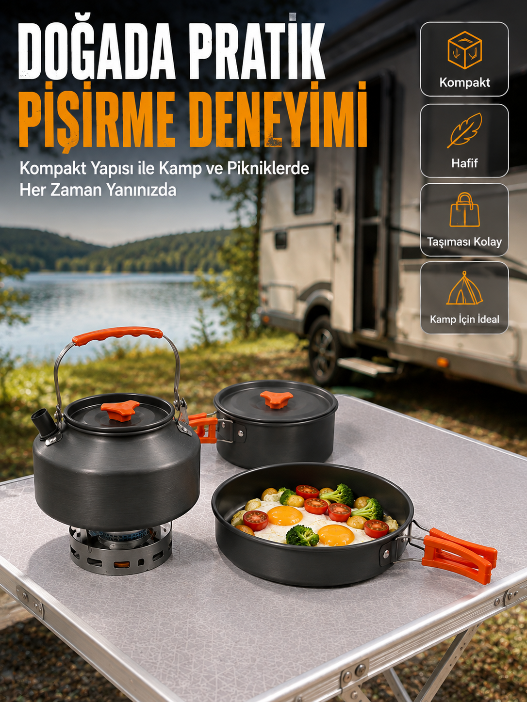 Alüminyum Kamp Pişirme Seti Katlanabilir Kulplu Çaydanlık Tencere Tava Outdoor Yemek Seti - Lisinya Alüminyum Kamp Pişirme Seti Katlanabilir Kulplu Çaydanlık Tencere Tava Outdoor Yemek Seti - Lisinya