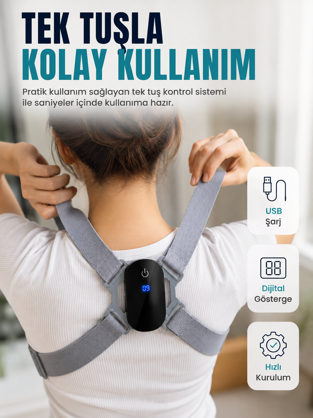 Ayarlanabilir Askılı Akıllı Dik Duruş Destekleyici Dijital Göstergeli Dik Duruş Cihazı - Lisinya