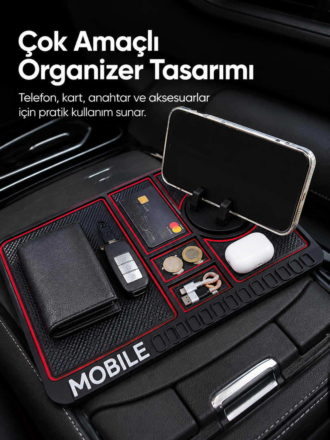 Araç İçi Kaydırmaz Organizer Mat Telefon Standlı Çok Amaçlı Konsol Düzenleyici - Lisinya
