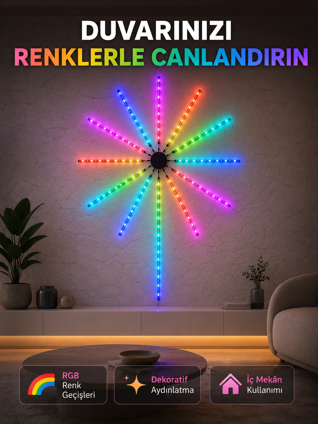 RGB LED Duvar Aydınlatması Telefon Kontrollü Dekoratif Ortam Işığı - Lisinya