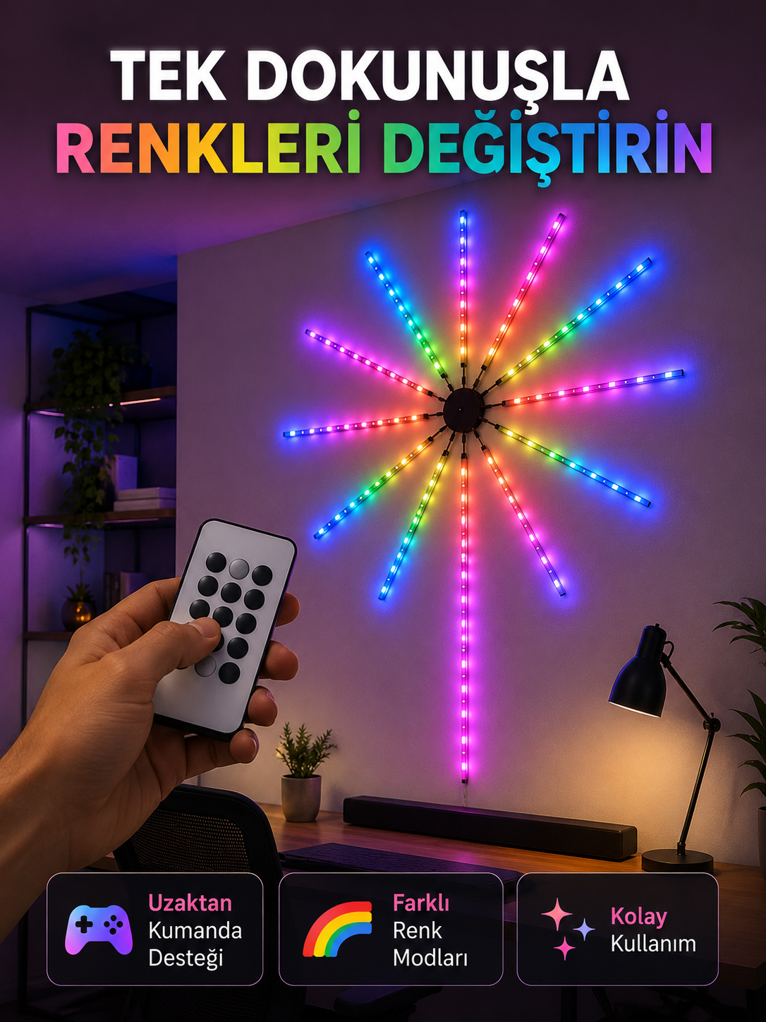 RGB LED Duvar Lambası Uzaktan Kumandalı Telefon Kontrollü Ortam Aydınlatması - Lisinya