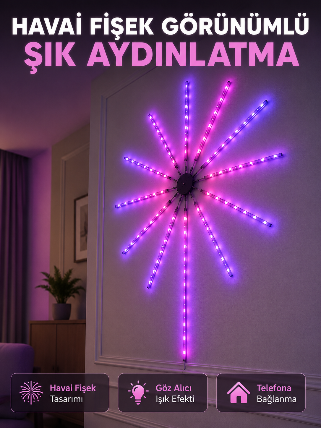 Dekoratif RGB Fireworks LED Duvar Işığı Çok Renkli Telefon Kontrollü LED Aydınlatma - Lisinya