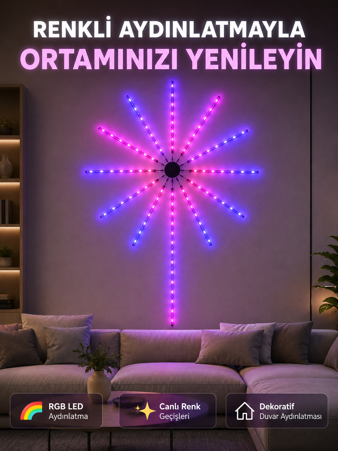 RGB LED Dekoratif Duvar Lambası İç Mekân Telefon Kontrollü Ortam Aydınlatması - Lisinya