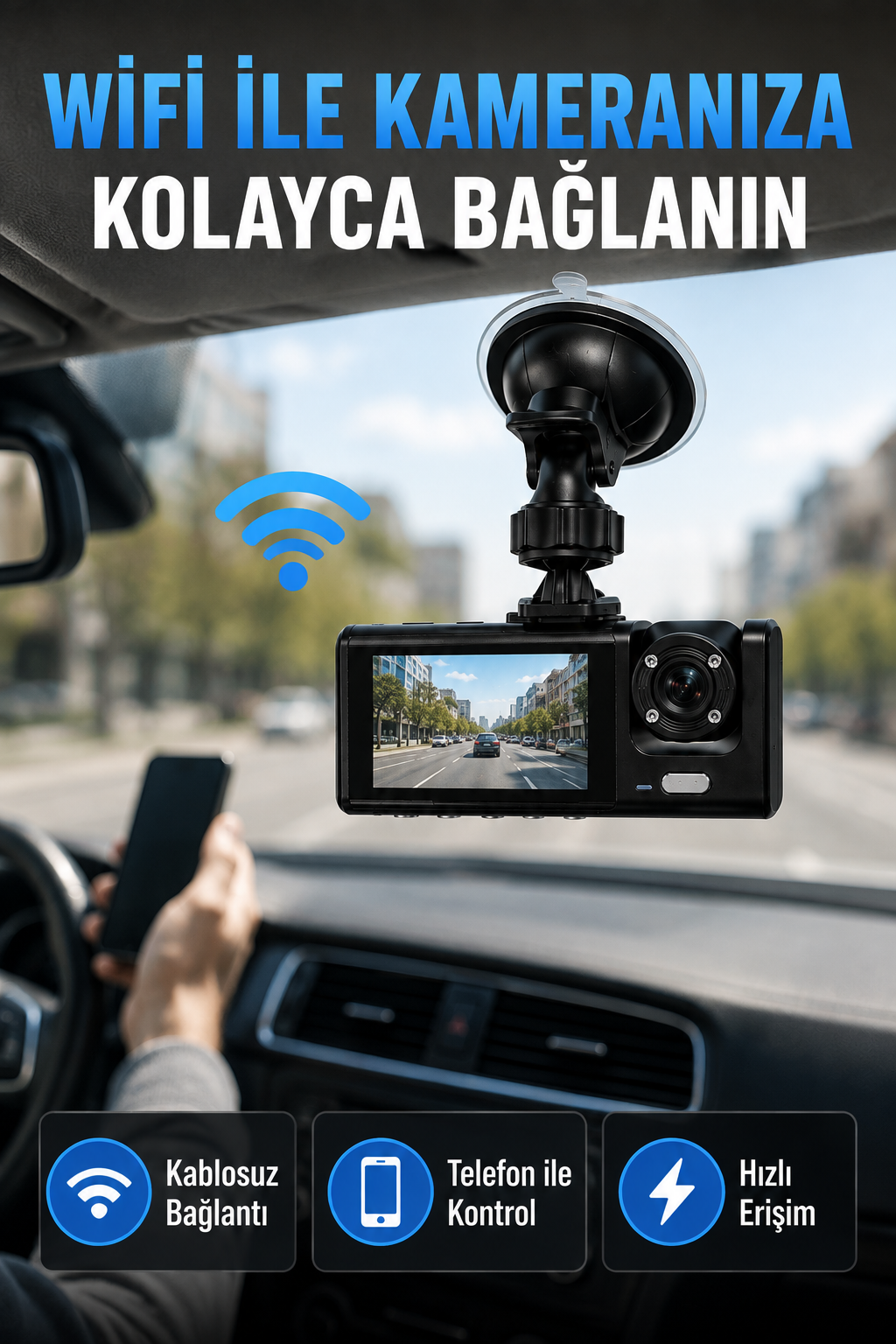 Çift Kameralı WiFi Araç Kamerası 170° Geniş Açı Full HD Araç İçi Kayıt Sistemi - Lisinya Çift Kameralı WiFi Araç Kamerası 170° Geniş Açı Full HD Araç İçi Kayıt Sistemi - Lisinya