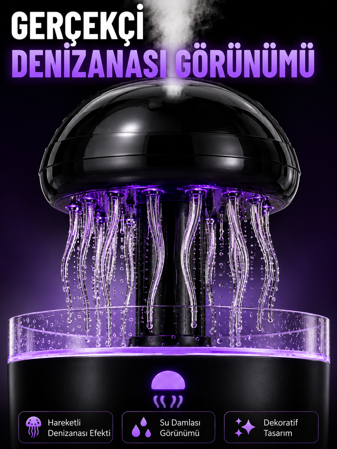 RGB Işıklı Denizanası Hava Nemlendirici Ultrasonik Buhar Makinesi 2H 4H 8H Zamanlayıcılı - Lisinya