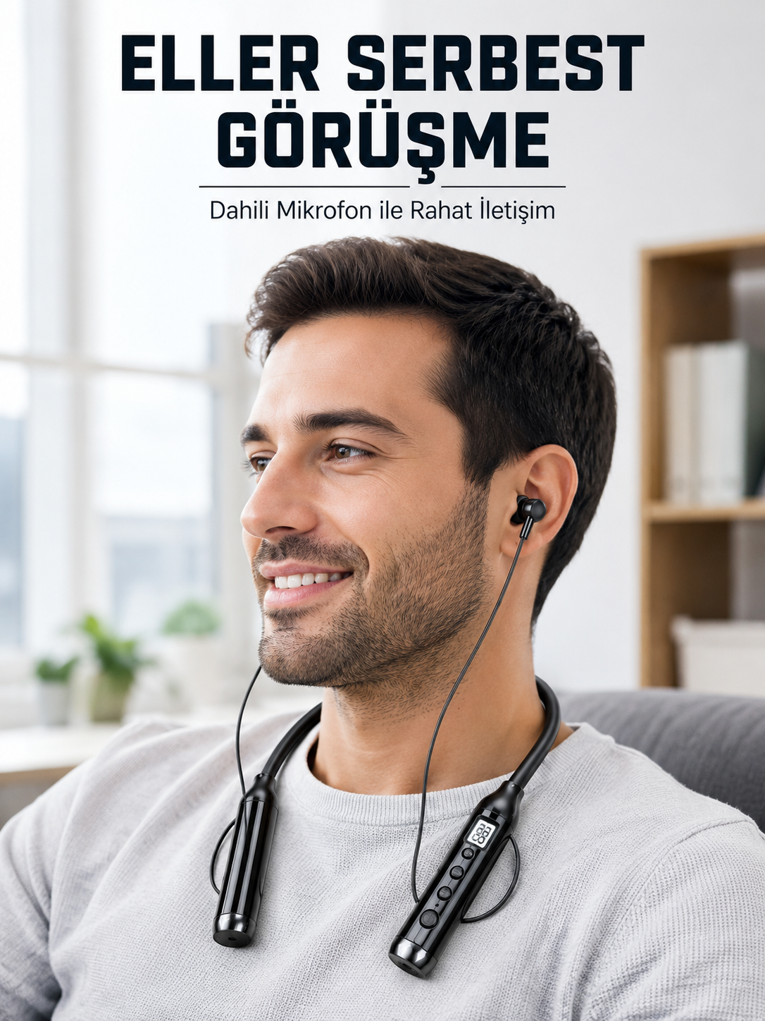 600 Saat Kullanım Süreli Boyun Tipi Bluetooth Kulaklık Mikrofonlu Dijital Göstergeli Kablosuz Kulak İçi Kulaklık - Lisinya