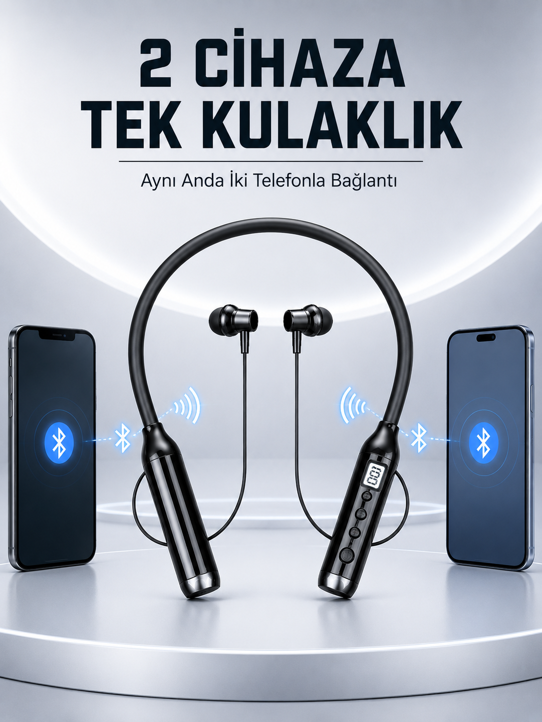Boyun Bantlı Bluetooth Kulaklık Dijital Ekranlı Mikrofonlu Çift Telefon Bağlantılı Kablosuz Müzik ve Görüşme Kulaklığı - Lisinya