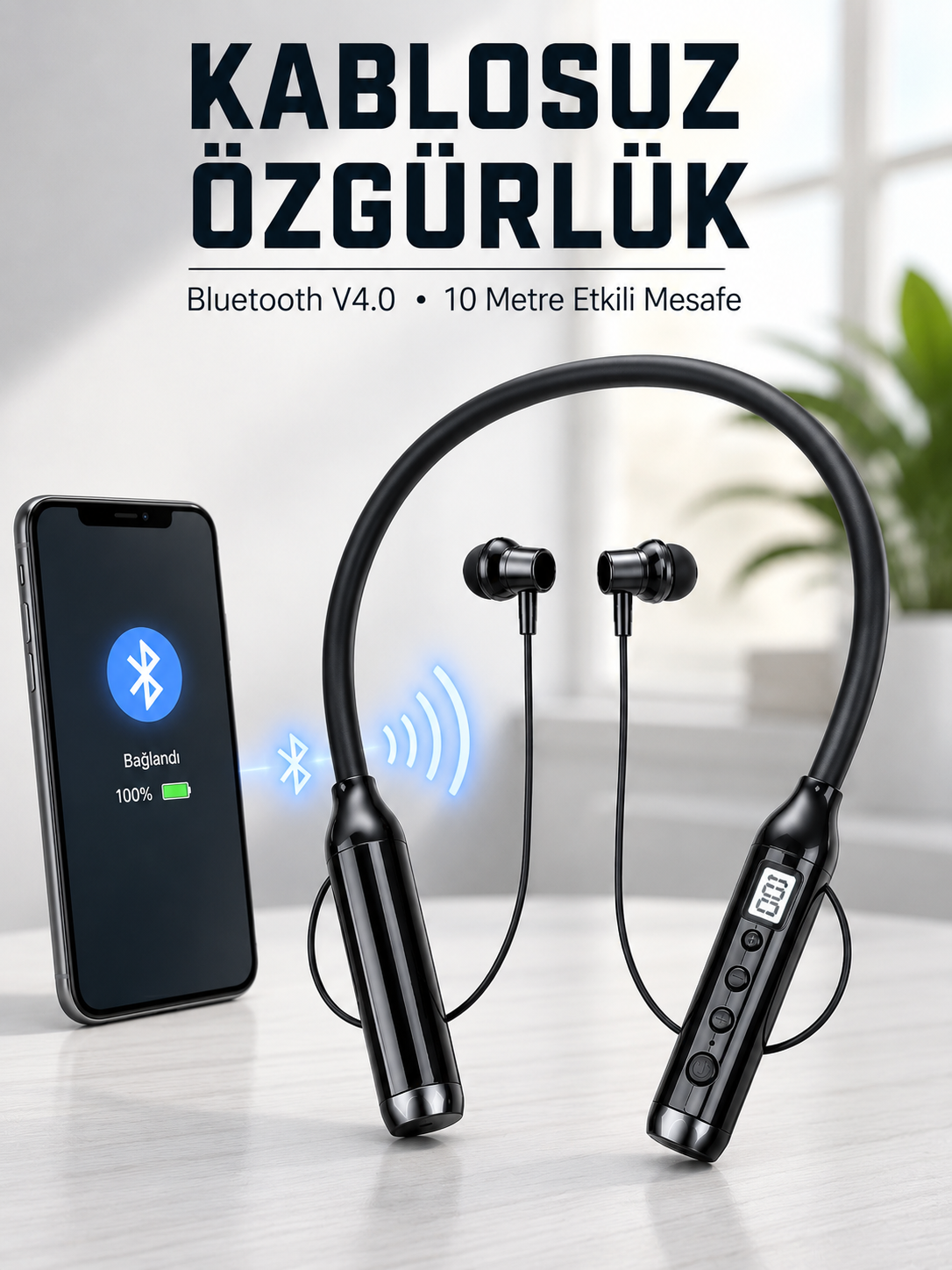 Kablosuz Bluetooth Boyun Kulaklığı 10 Metre Menzilli Mikrofonlu Ses Kontrollü Uzun Kullanım Süreli Kulak İçi Kulaklık - Lisinya