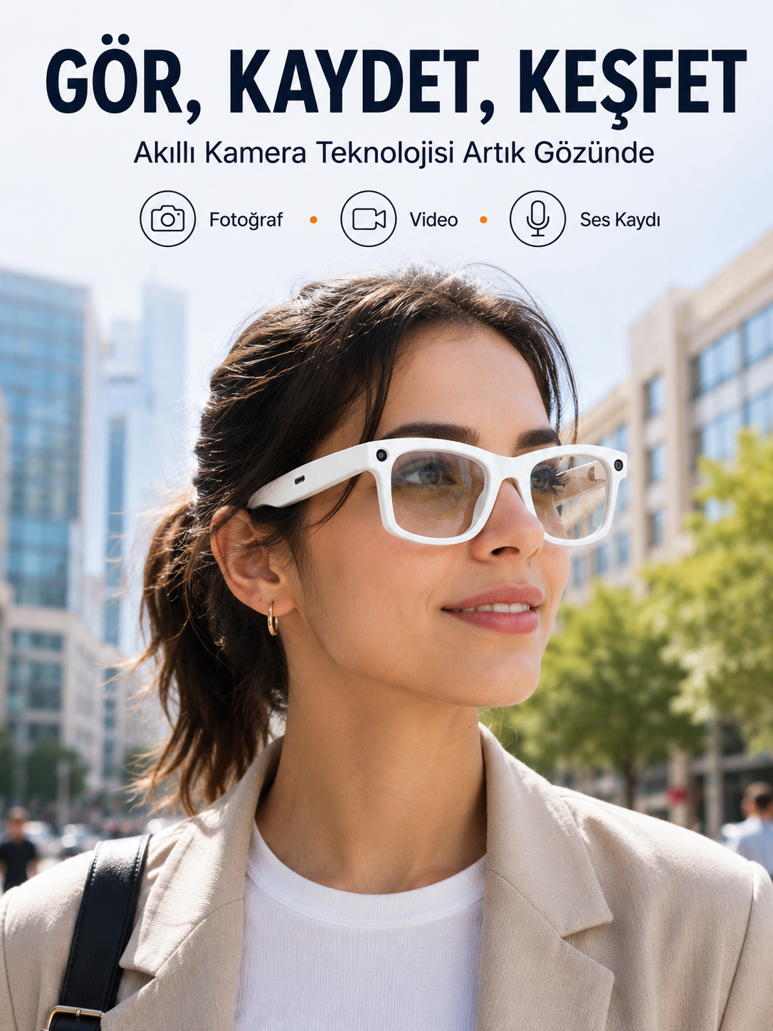 Beyaz Akıllı Kamera Gözlüğü Fotoğraf Video Çekimli Bluetooth Aramalı AI Destekli 3 Değiştirilebilir Lensli - Lisinya