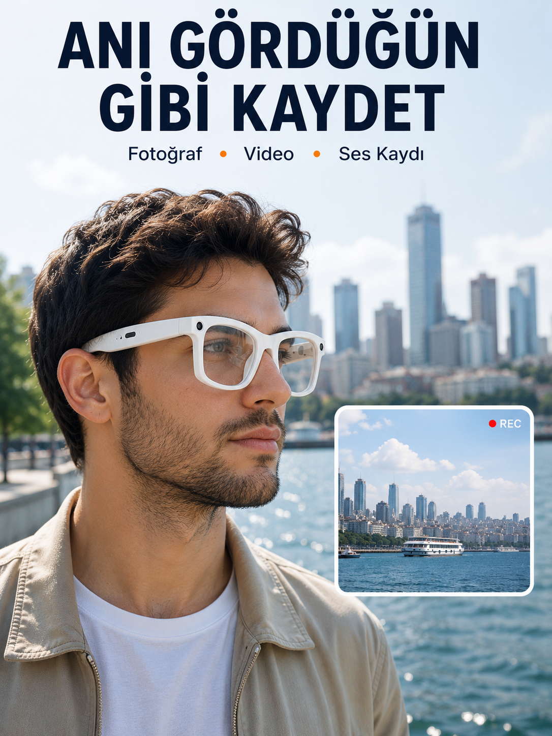 3 Lensli Kameralı Akıllı Gözlük AI Sesli Asistan Çeviri Bluetooth Görüşme Müzik Fotoğraf Video Kayıt Özellikli - Lisinya