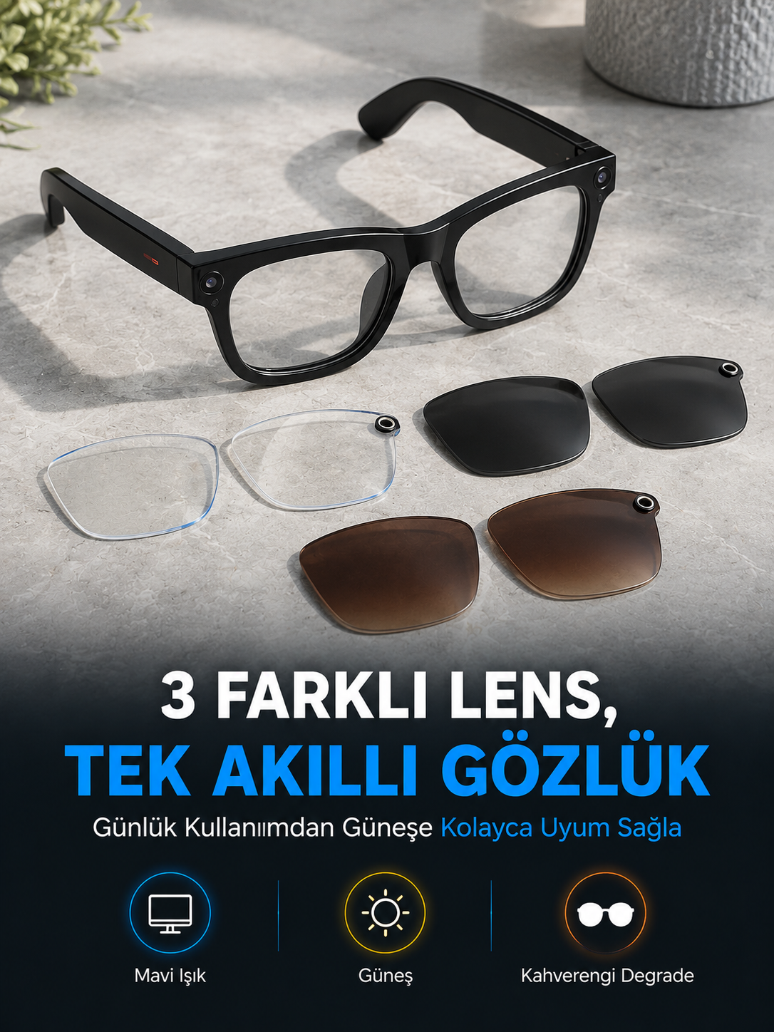 Siyah Akıllı Kamera Gözlüğü Fotoğraf Video Çekimli Bluetooth Aramalı AI Destekli 3 Değiştirilebilir Lensli - Lisinya Siyah Akıllı Kamera Gözlüğü Fotoğraf Video Çekimli Bluetooth Aramalı AI Destekli 3 Değiştirilebilir Lensli - Lisinya