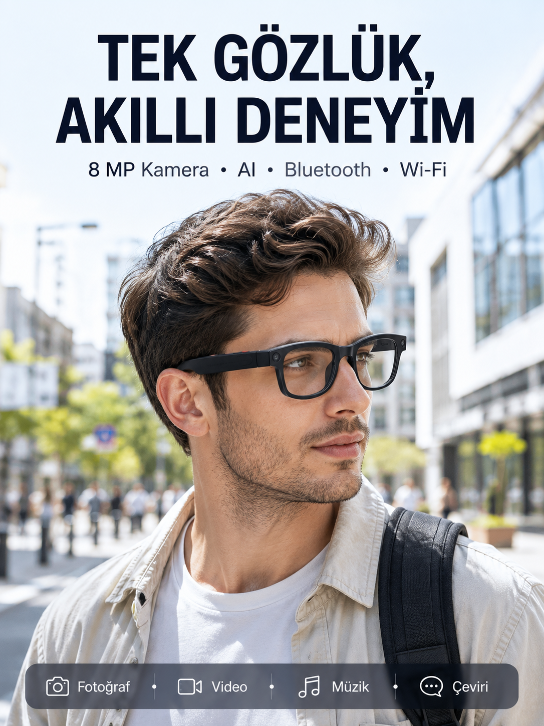 Siyah 8 MP Kameralı Akıllı Gözlük Bluetooth Wi-Fi Bağlantılı Fotoğraf Video Ses Kayıtlı AI Destekli 3 Lensli - Lisinya