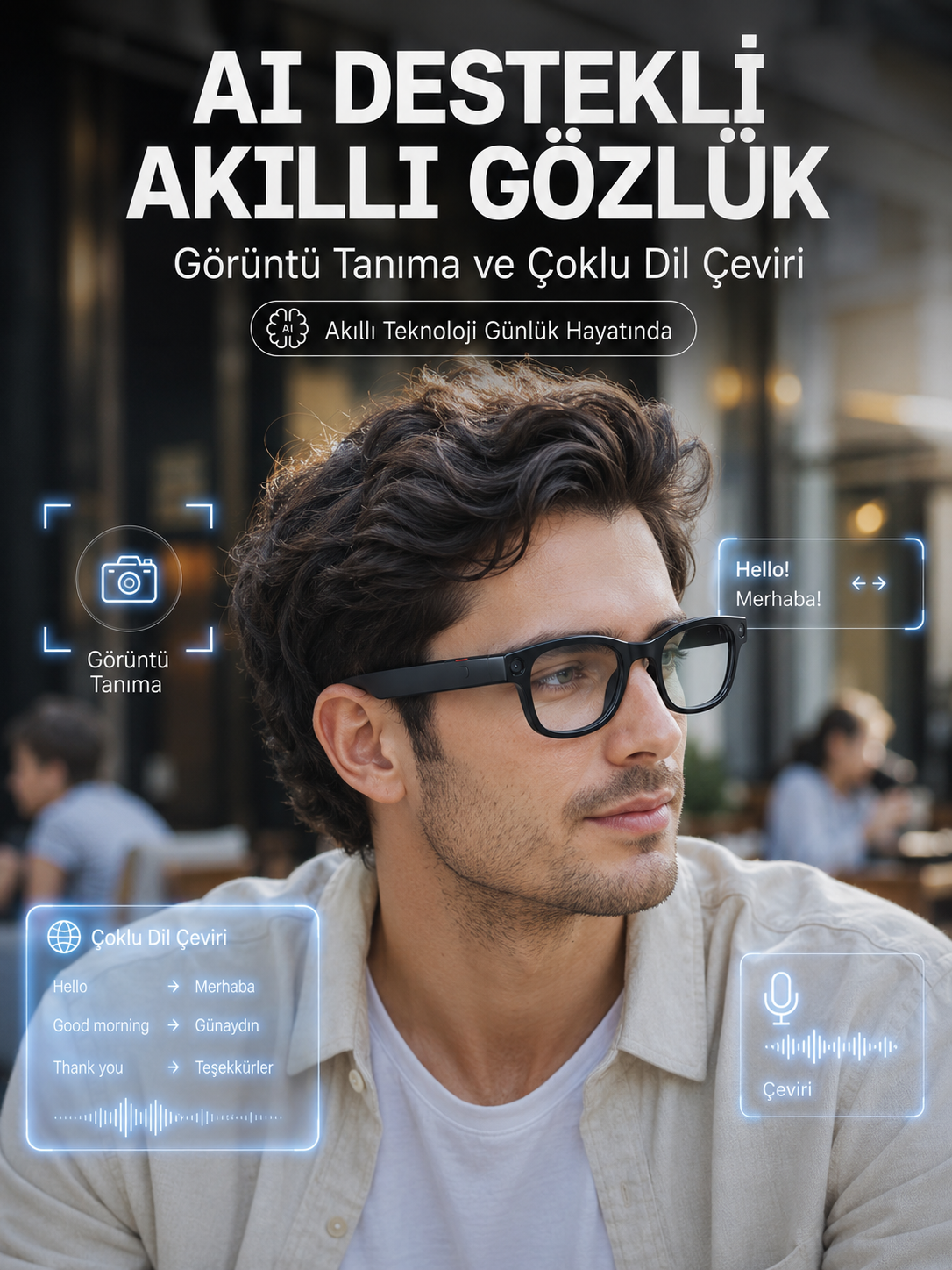 Siyah 3 Lensli Akıllı Kamera Gözlüğü 8 MP Fotoğraf Video Çekim AI Görüntü Tanıma Bluetooth Dokunmatik Kontrollü - Lisinya