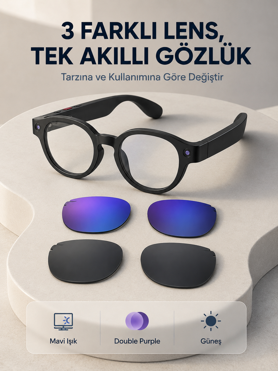 Siyah Akıllı Kamera Gözlüğü Fotoğraf Video Çekimli Yapay Zeka Destekli Bluetooth Çoklu Dil Çeviri 3 Lensli - Lisinya Siyah Akıllı Kamera Gözlüğü Fotoğraf Video Çekimli Yapay Zeka Destekli Bluetooth Çoklu Dil Çeviri 3 Lensli - Lisinya