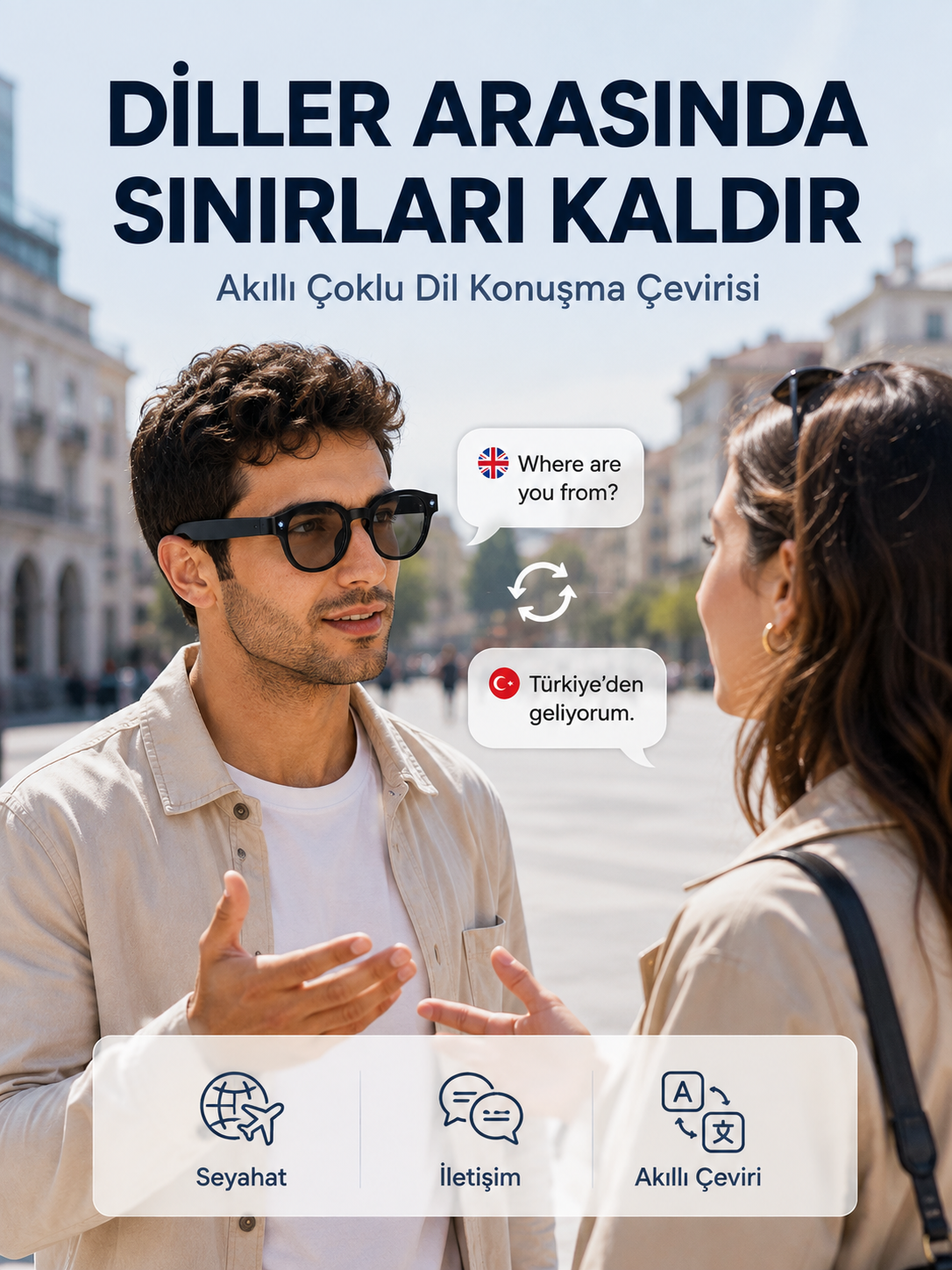 Siyah AI Akıllı Gözlük Fotoğraf Video Ses Kayıtlı Çoklu Dil Çeviri Bluetooth Bağlantılı 3 Lensli - Lisinya