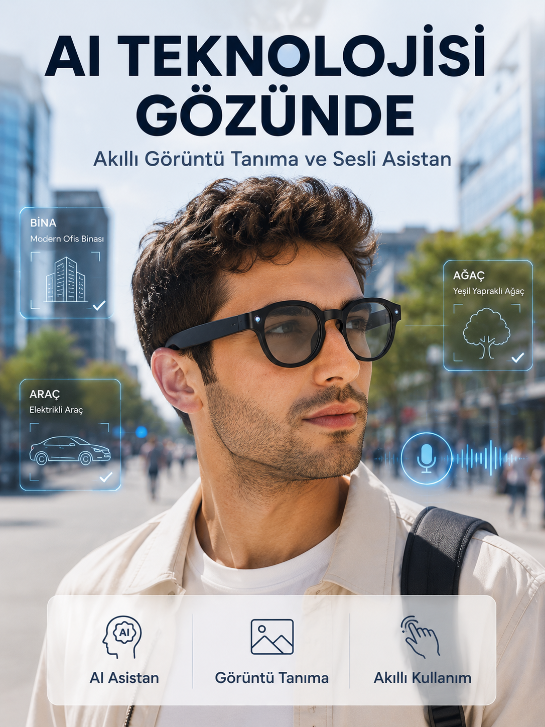 Siyah 3 Lensli Akıllı Kamera Gözlüğü Bluetooth Görüşme Müzik Kontrolü AI Sesli Asistan ve Görüntü Tanıma - Lisinya