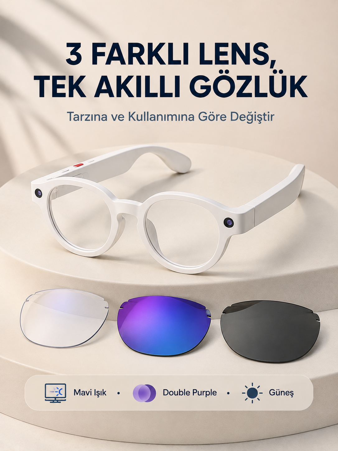 Beyaz Akıllı Kamera Gözlüğü Fotoğraf Video Çekimli Yapay Zeka Destekli Bluetooth Çoklu Dil Çeviri 3 Lensli - Lisinya