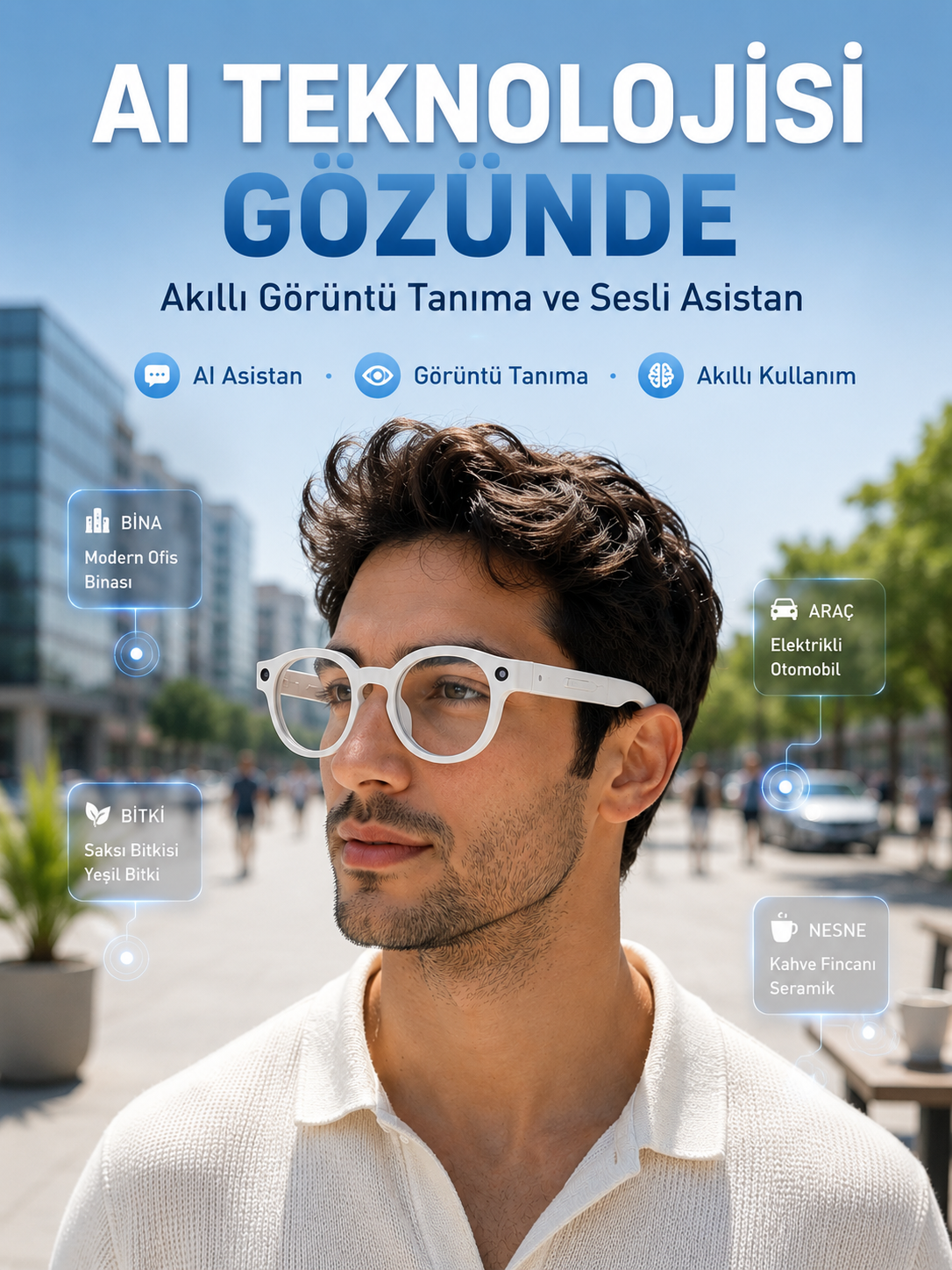 Beyaz 3 Lensli Akıllı Kamera Gözlüğü Yapay Zeka Sesli Asistan Görüntü Tanıma Bluetooth Görüşme ve Müzik Özellikli - Lisinya