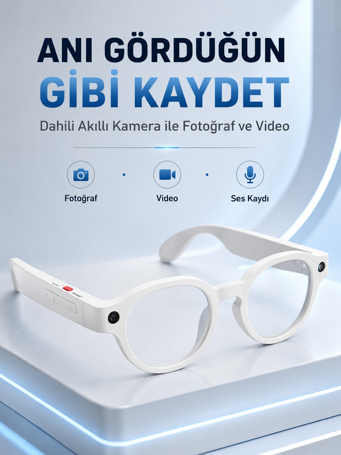 Beyaz Bluetooth Akıllı Gözlük Dahili Kameralı Fotoğraf Video Kayıt Yapay Zeka Çeviri Dokunmatik Kontrol Özellikli - Lisinya