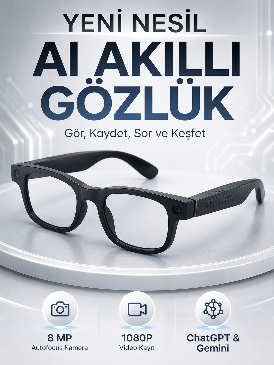Akıllı Gözlük 8 MP Kameralı 1080P Video Kayıt WiFi Bağlantılı Çift Mikrofonlu Gürültü Engelleme Özellikli - Lisinya