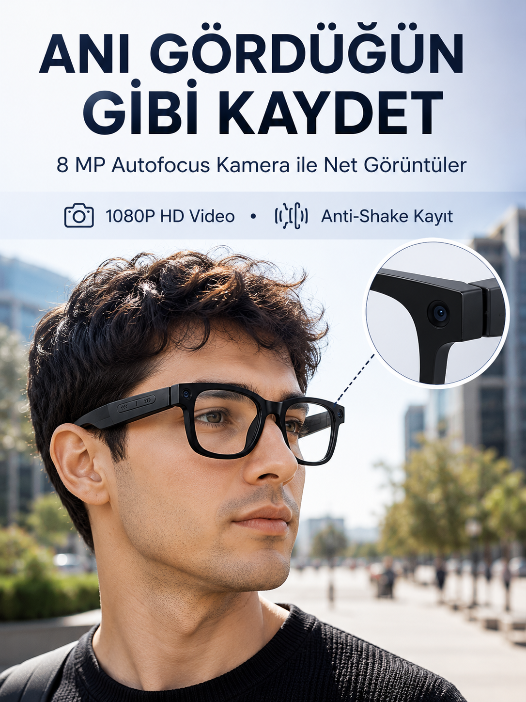 3 Lensli Akıllı Kamera Gözlüğü AI Görüntü Tanıma Çoklu Dil Çeviri 32 GB Hafıza WiFi ve Hızlı Şarj Özellikli - Lisinya
